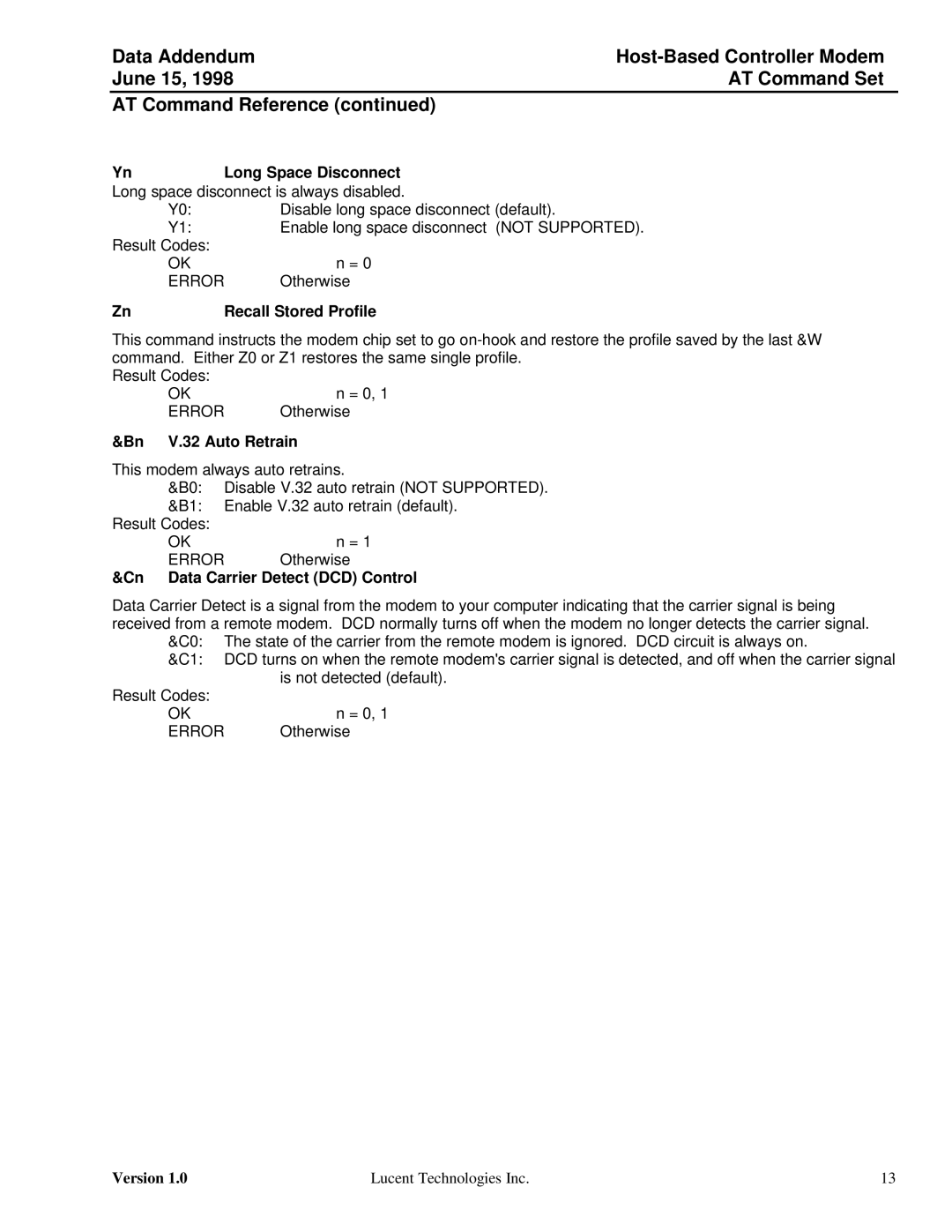 Lucent Technologies Host-Based Controller Modem AT Long Space Disconnect, Recall Stored Profile, OK Error, Auto Retrain 