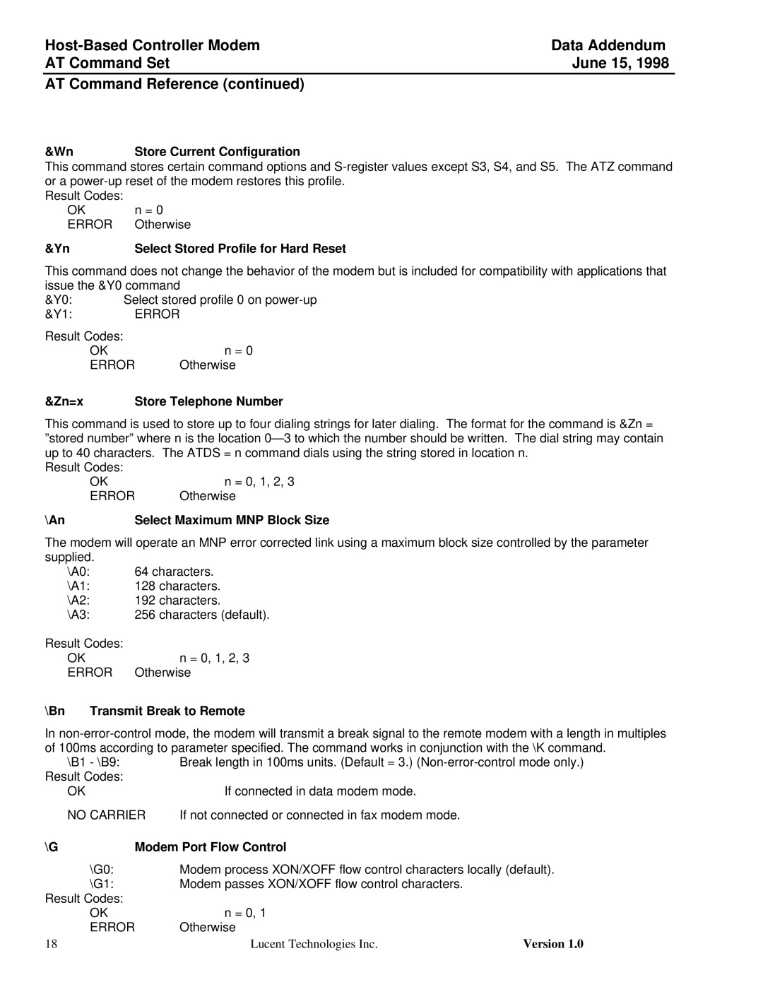 Lucent Technologies Host-Based Controller Modem AT Store Current Configuration, YnSelect Stored Profile for Hard Reset, An 