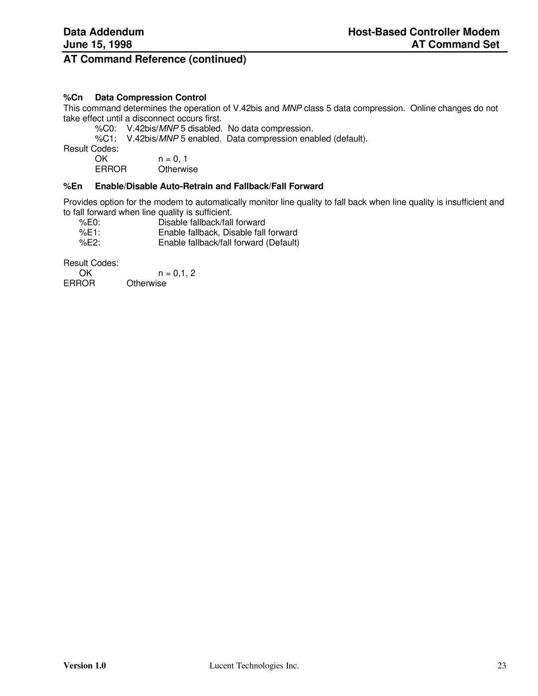 Lucent Technologies Host-Based Controller Modem AT specifications Cn Data Compression Control 
