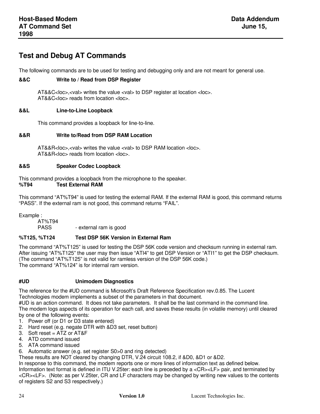 Lucent Technologies Host-Based Controller Modem AT specifications Test and Debug AT Commands 