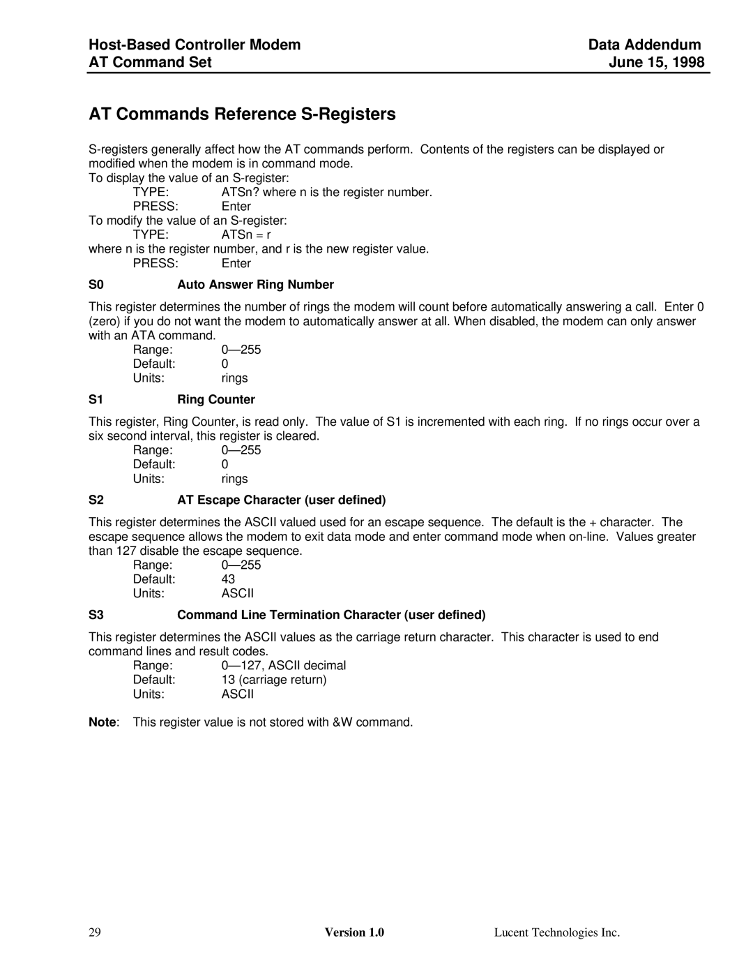 Lucent Technologies Host-Based Controller Modem AT AT Commands Reference S-Registers, Auto Answer Ring Number, Ascii 