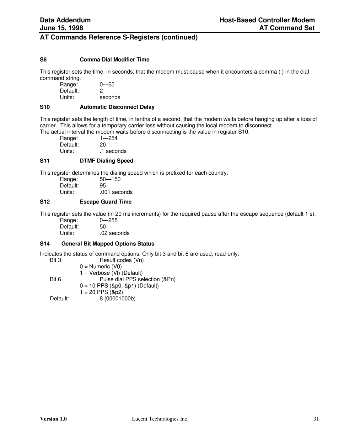 Lucent Technologies Host-Based Controller Modem AT specifications Comma Dial Modifier Time, S10, S11, S12 Escape Guard Time 