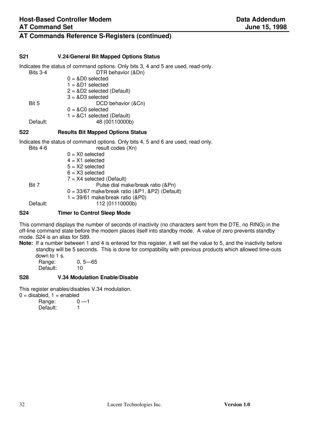 Lucent Technologies Host-Based Controller Modem AT specifications S21 24/General Bit Mapped Options Status, S28 