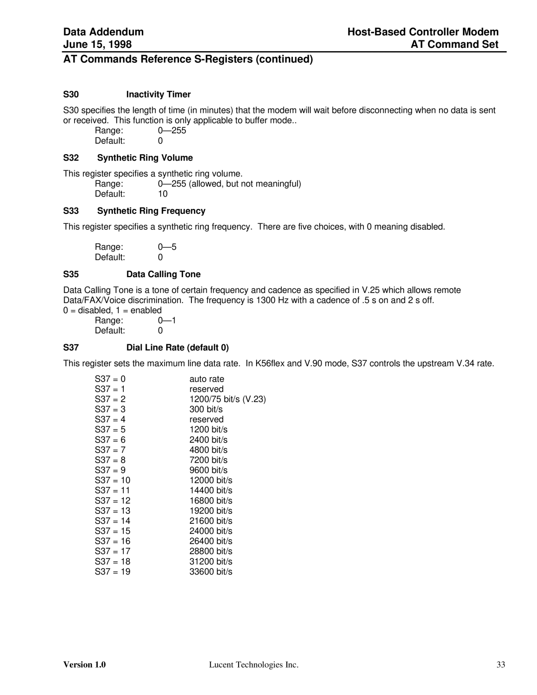 Lucent Technologies Host-Based Controller Modem AT specifications S30 Inactivity Timer, S32 Synthetic Ring Volume, S35, S37 