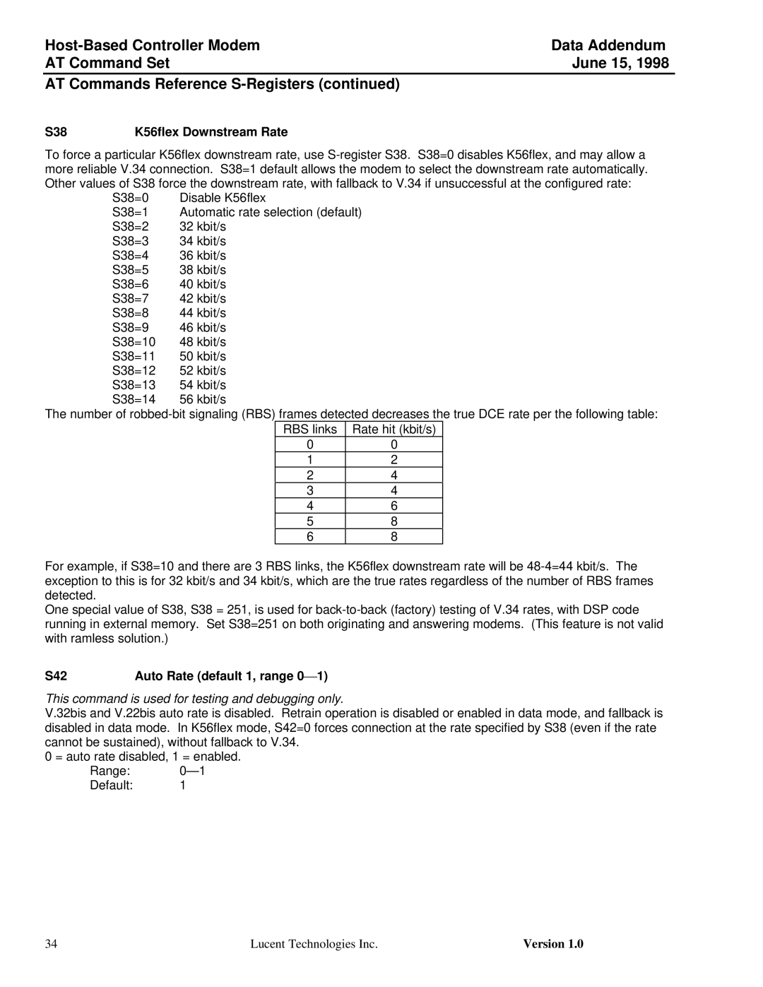 Lucent Technologies Host-Based Controller Modem AT S38 K56flex Downstream Rate, S42 Auto Rate default 1, range 0 ¾1 