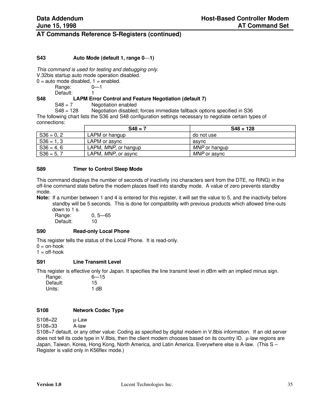 Lucent Technologies Host-Based Controller Modem AT specifications S43 Auto Mode default 1, range 0¾1, S48 S48 =, S89, S90 