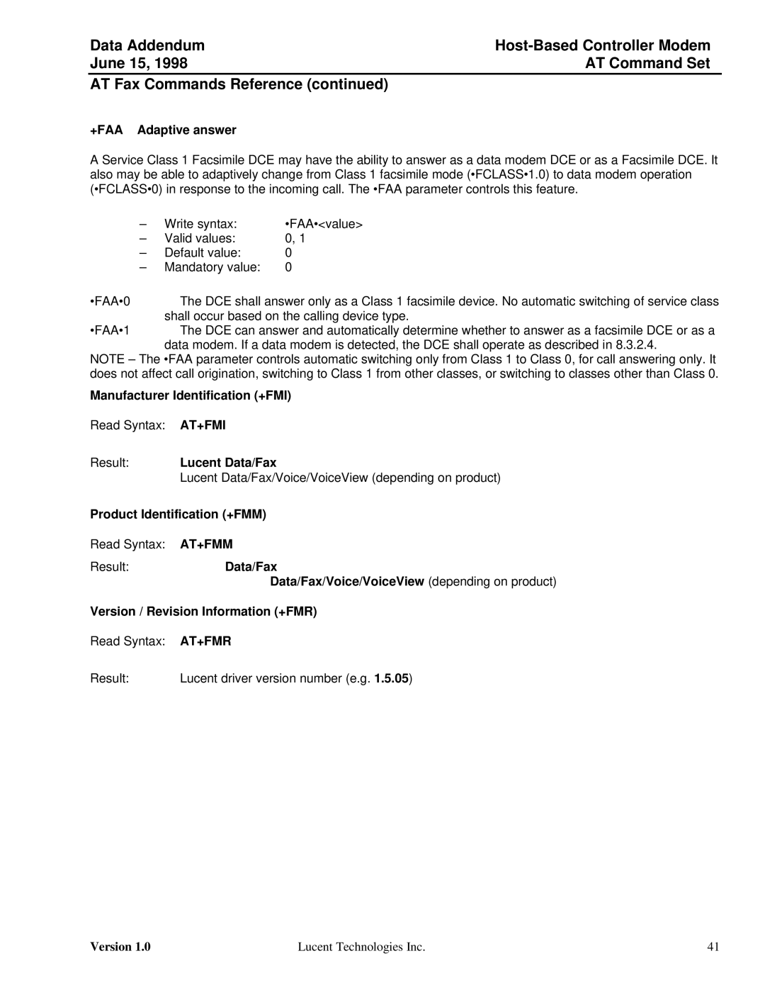 Lucent Technologies Host-Based Controller Modem AT specifications +FAA Adaptive answer, Manufacturer Identification +FMI 