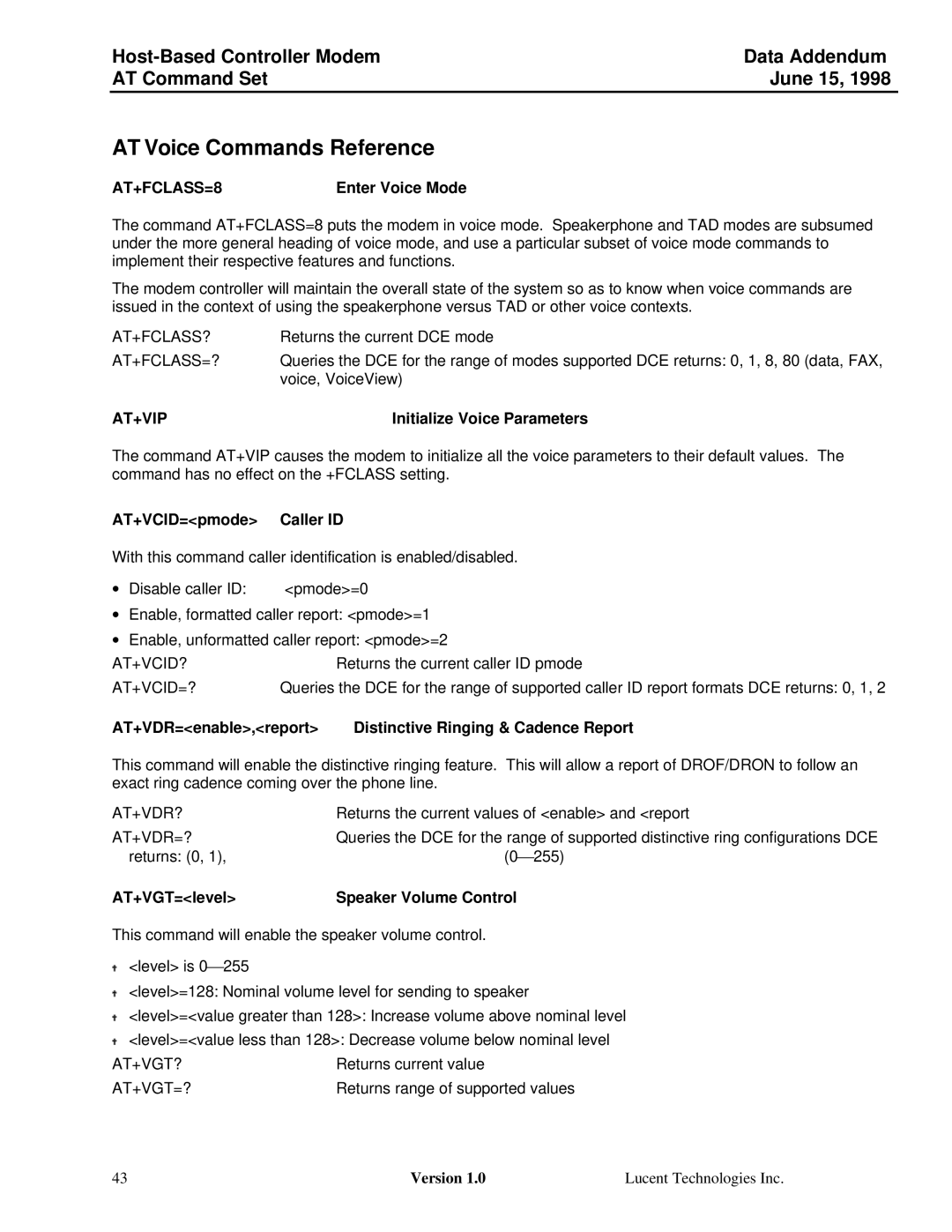 Lucent Technologies Host-Based Controller Modem AT specifications AT Voice Commands Reference 