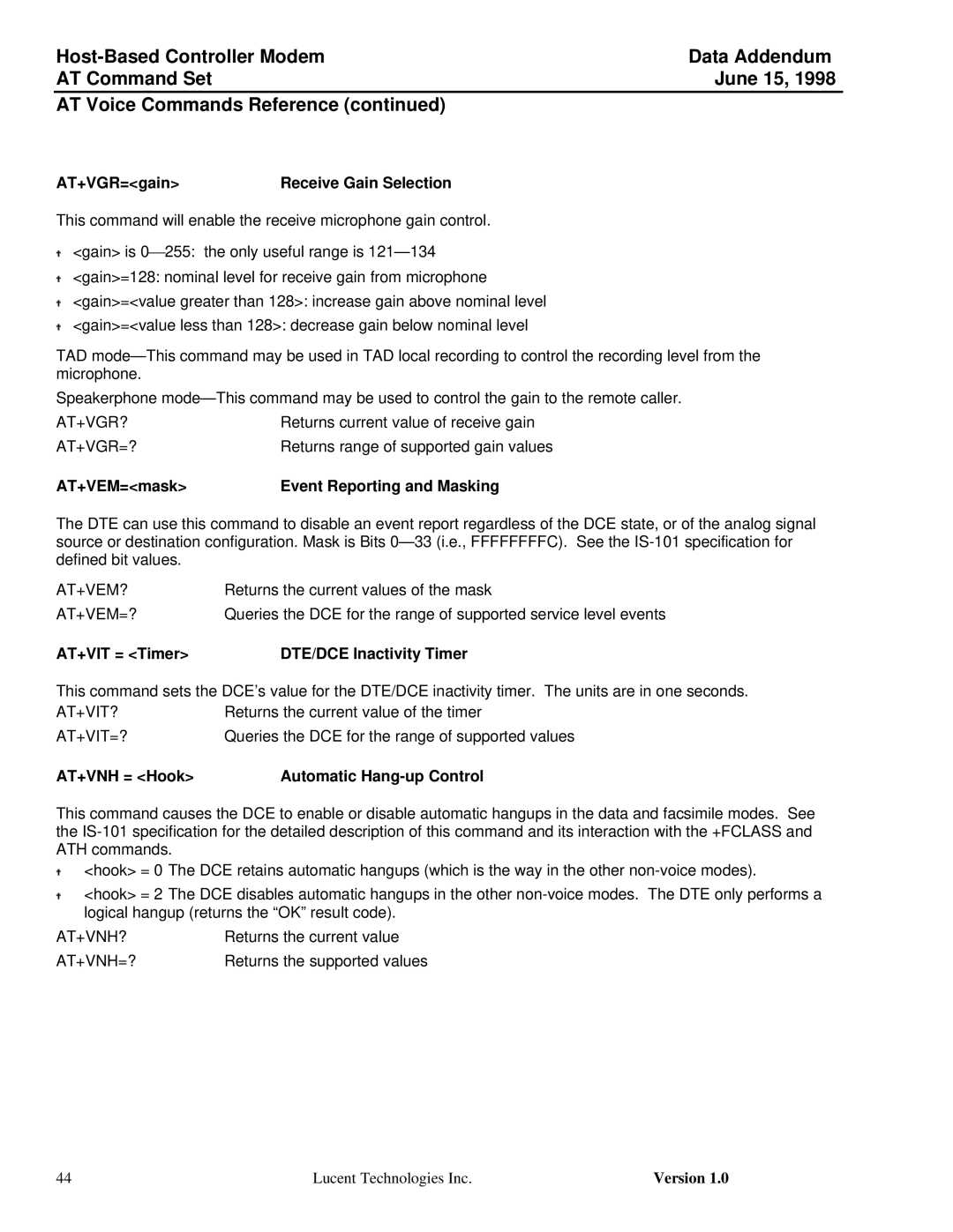 Lucent Technologies Host-Based Controller Modem AT specifications AT+VGR=gain, AT+VEM=mask Event Reporting and Masking 