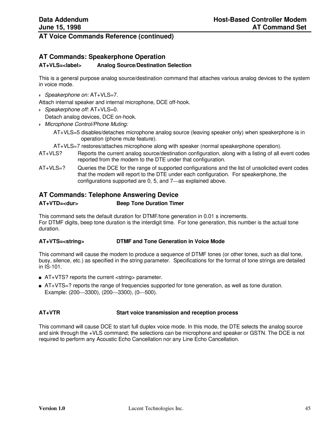 Lucent Technologies Host-Based Controller Modem AT AT+VLS=label Analog Source/Destination Selection, AT+VTD=dur 