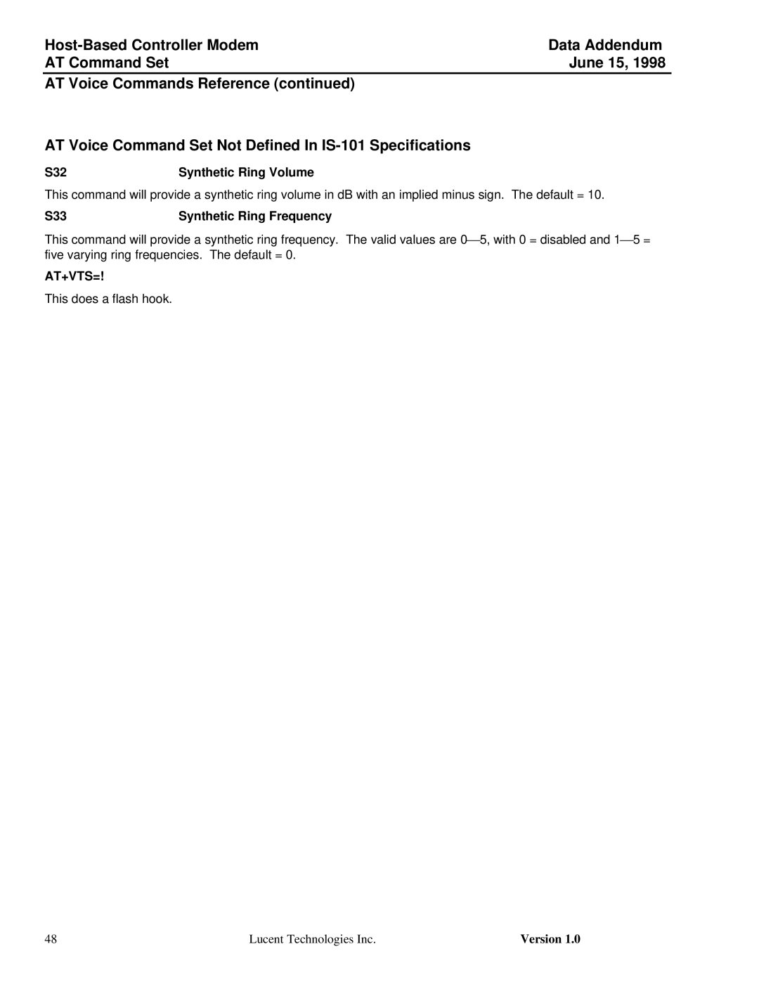 Lucent Technologies Host-Based Controller Modem AT specifications At+Vts= 