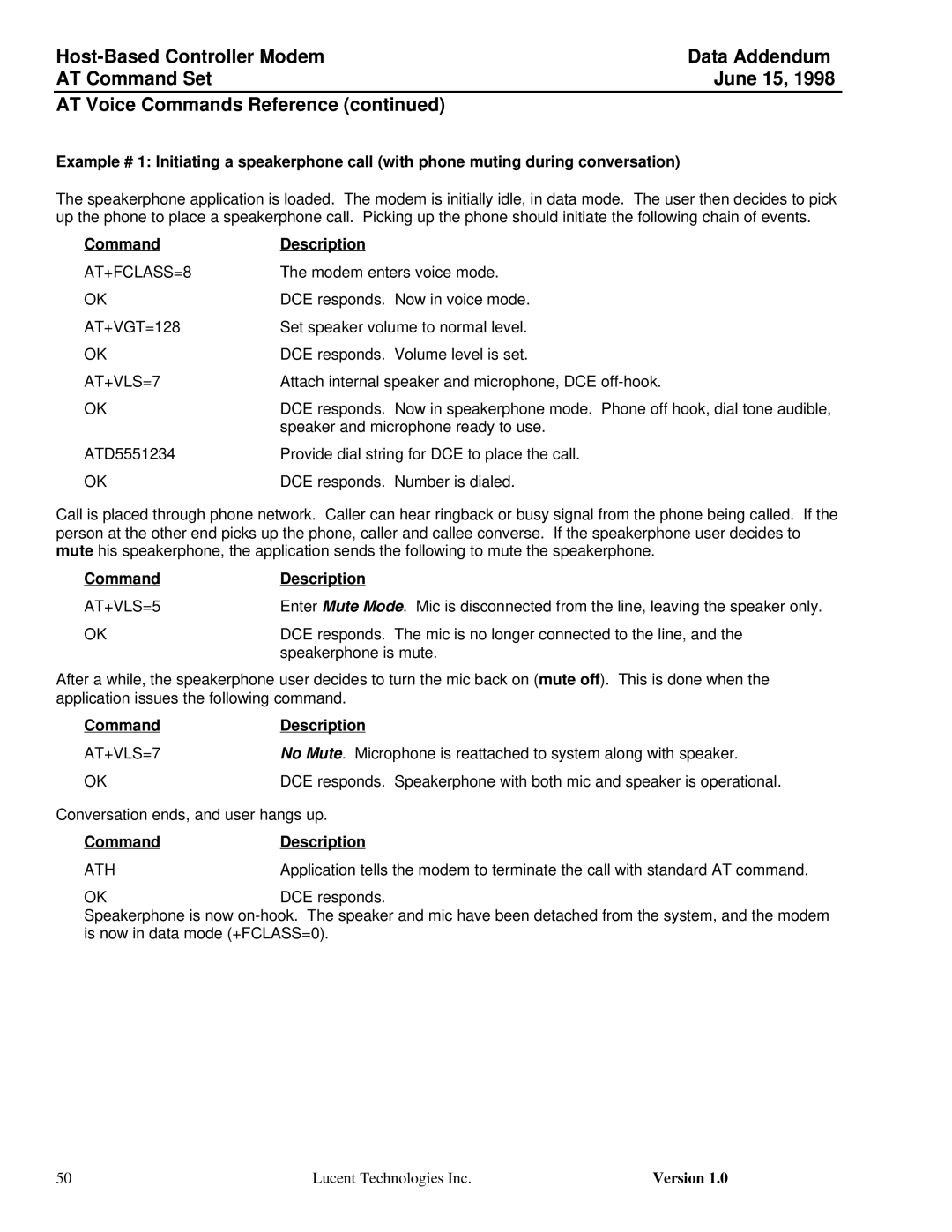 Lucent Technologies Host-Based Controller Modem AT specifications AT+VLS=7, AT+VLS=5, Ath 