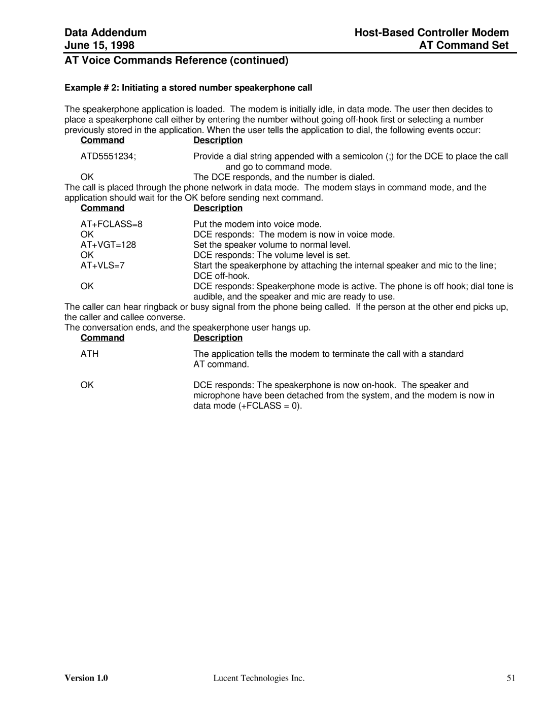 Lucent Technologies Host-Based Controller Modem AT specifications Example # 2 Initiating a stored number speakerphone call 