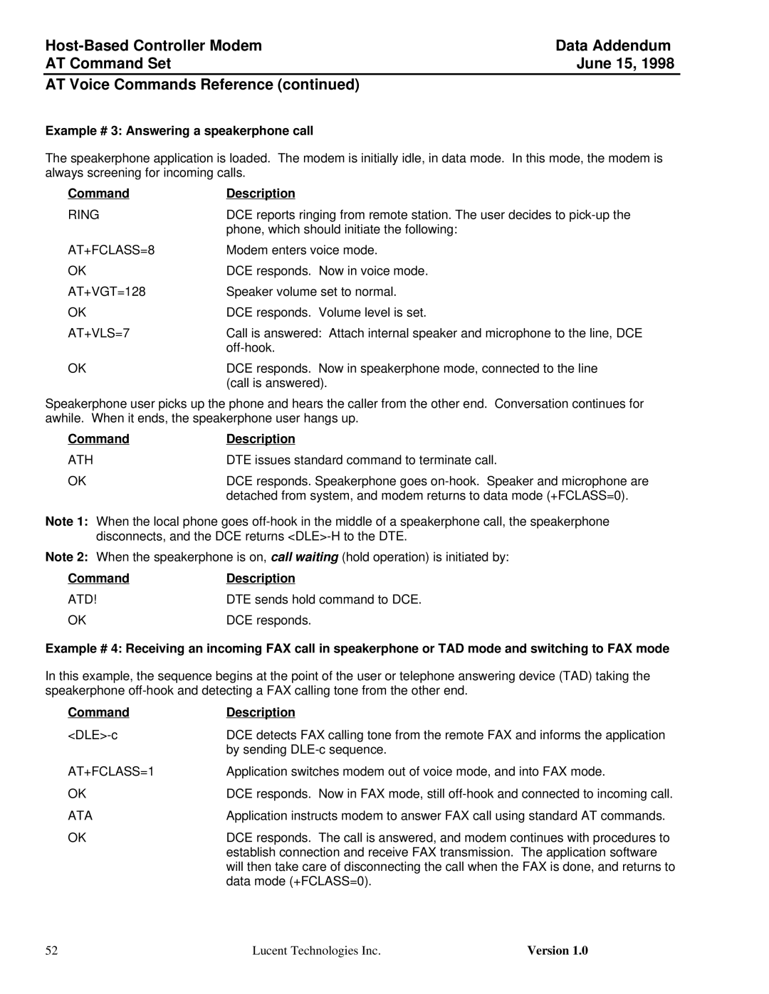 Lucent Technologies Host-Based Controller Modem AT Example # 3 Answering a speakerphone call, Ring, AT+FCLASS=1, Ata 