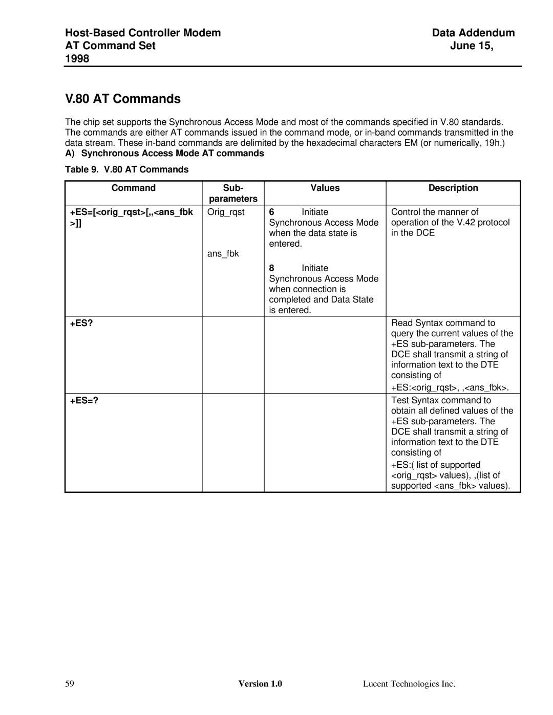 Lucent Technologies Host-Based Controller Modem AT specifications AT Commands, +Es?, +Es=? 