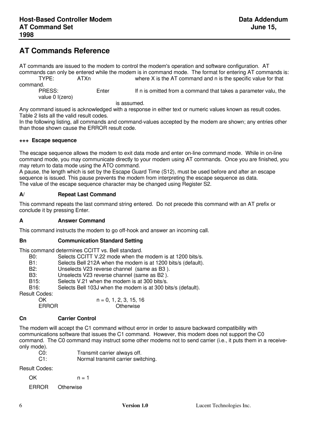 Lucent Technologies Host-Based Controller Modem AT specifications AT Commands Reference 