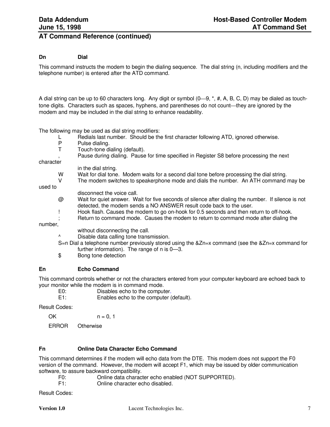 Lucent Technologies Host-Based Controller Modem AT specifications DnDial, Online Data Character Echo Command 