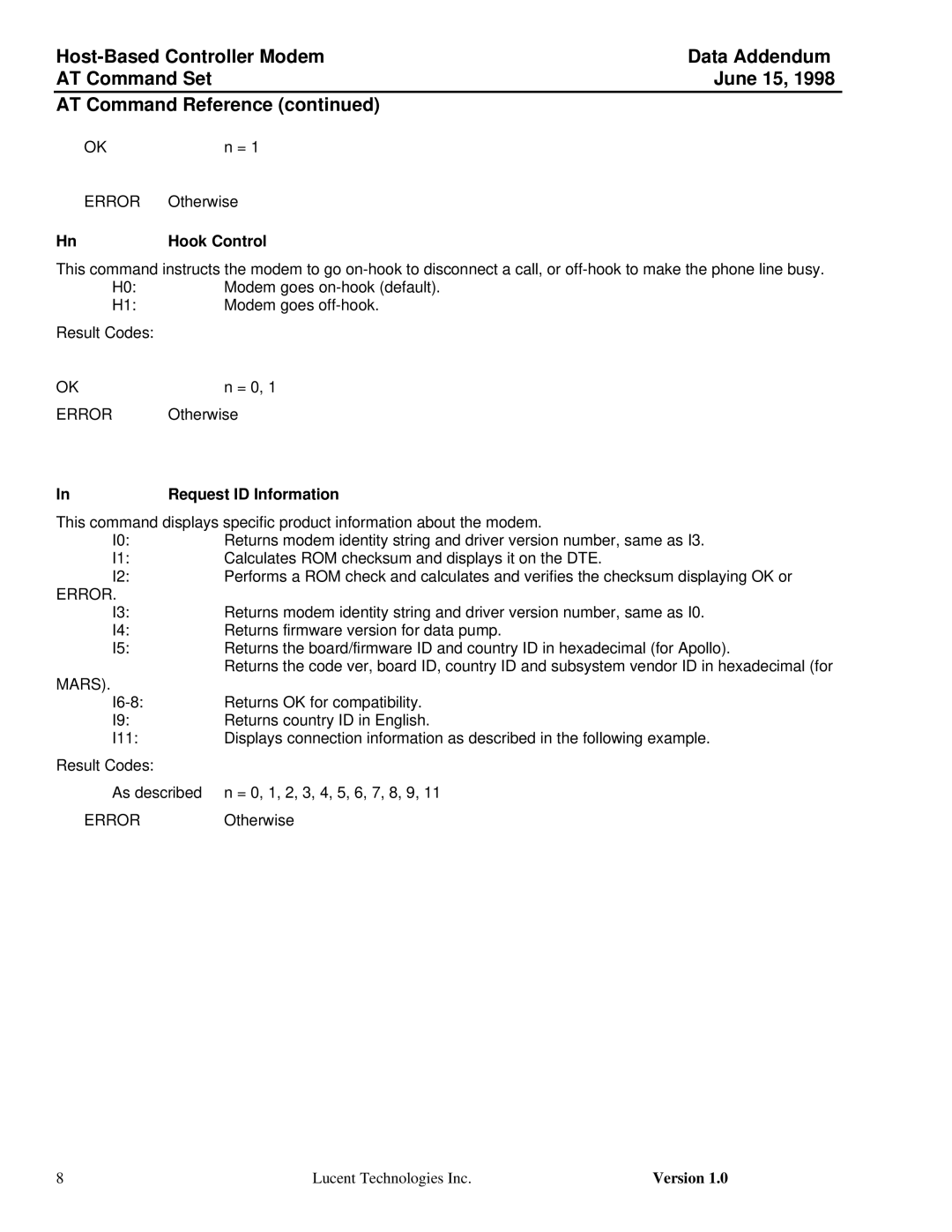 Lucent Technologies Host-Based Controller Modem AT specifications Otherwise Hook Control, Request ID Information, Mars 