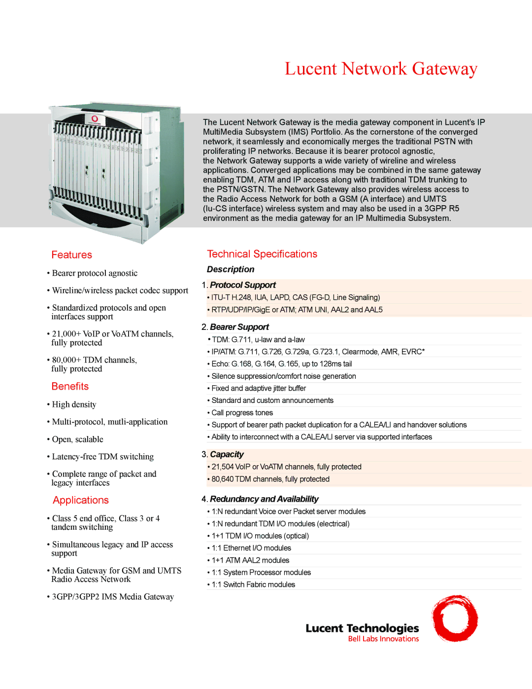 Lucent Technologies Lucent Network Gateway technical specifications Features, Benefits, Applications 