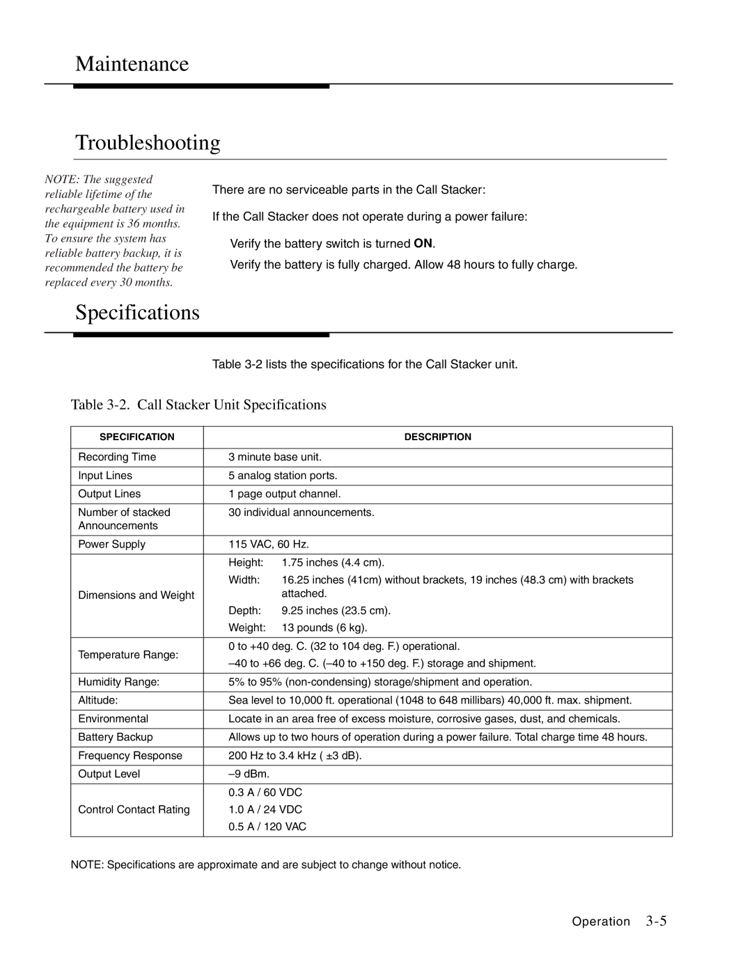 Lucent Technologies LULCST manual Maintenance Troubleshooting, Call Stacker Unit Specifications 