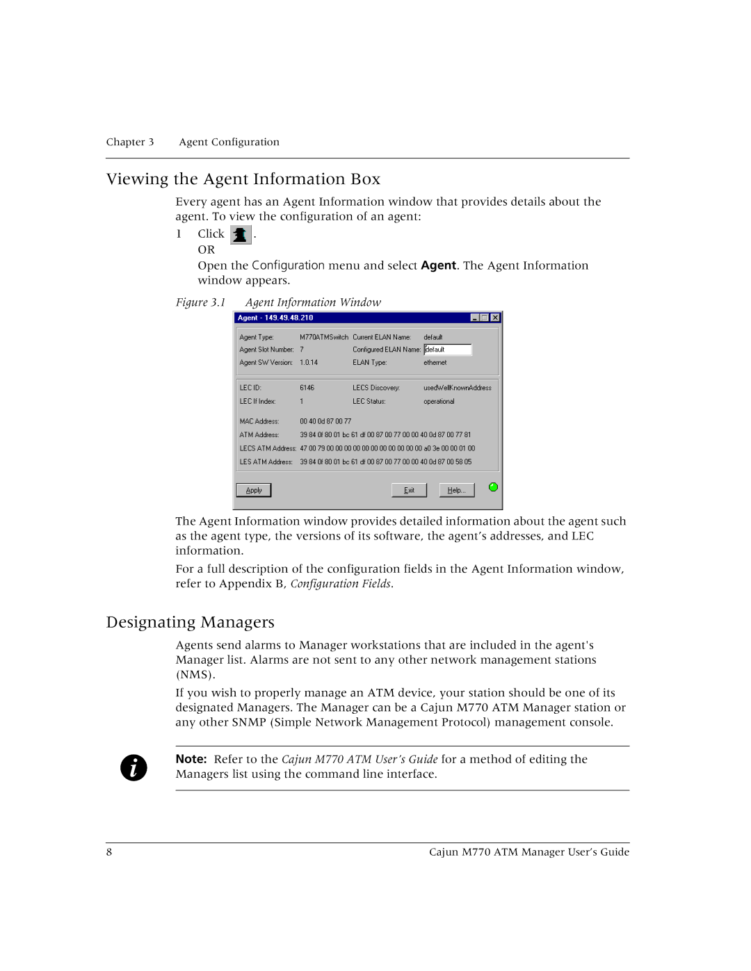 Lucent Technologies M770 manual Viewing the Agent Information Box, Designating Managers 