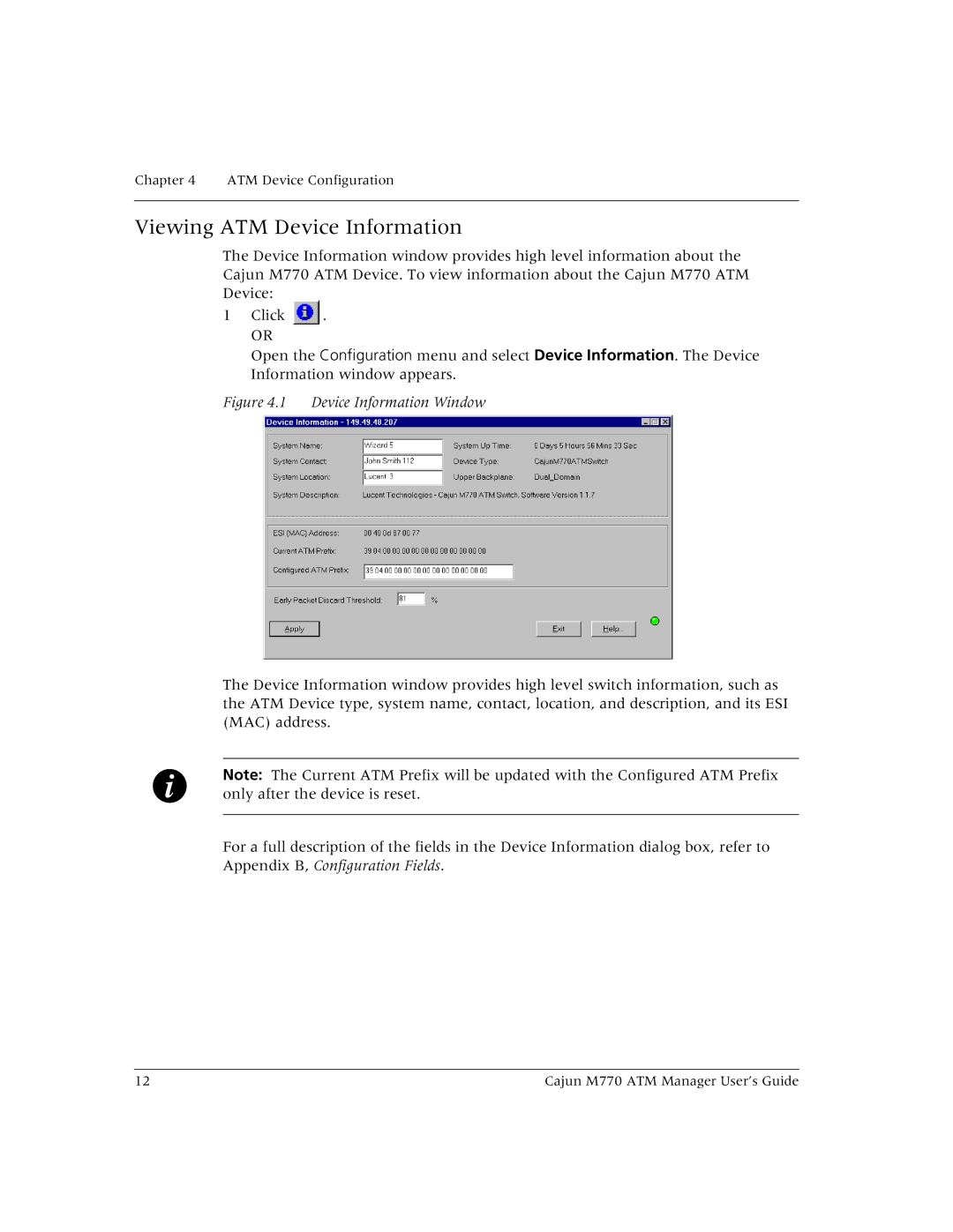 Lucent Technologies M770 manual Viewing ATM Device Information, Device Information Window 