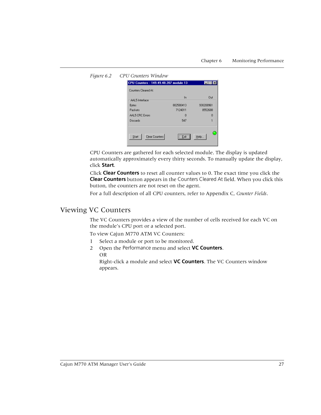 Lucent Technologies M770 manual Viewing VC Counters, CPU Counters Window 