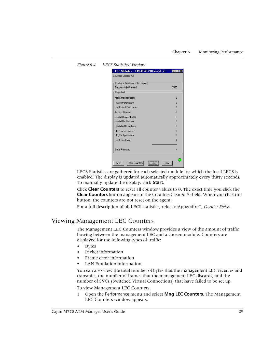 Lucent Technologies M770 manual Viewing Management LEC Counters, Lecs Statistics Window 