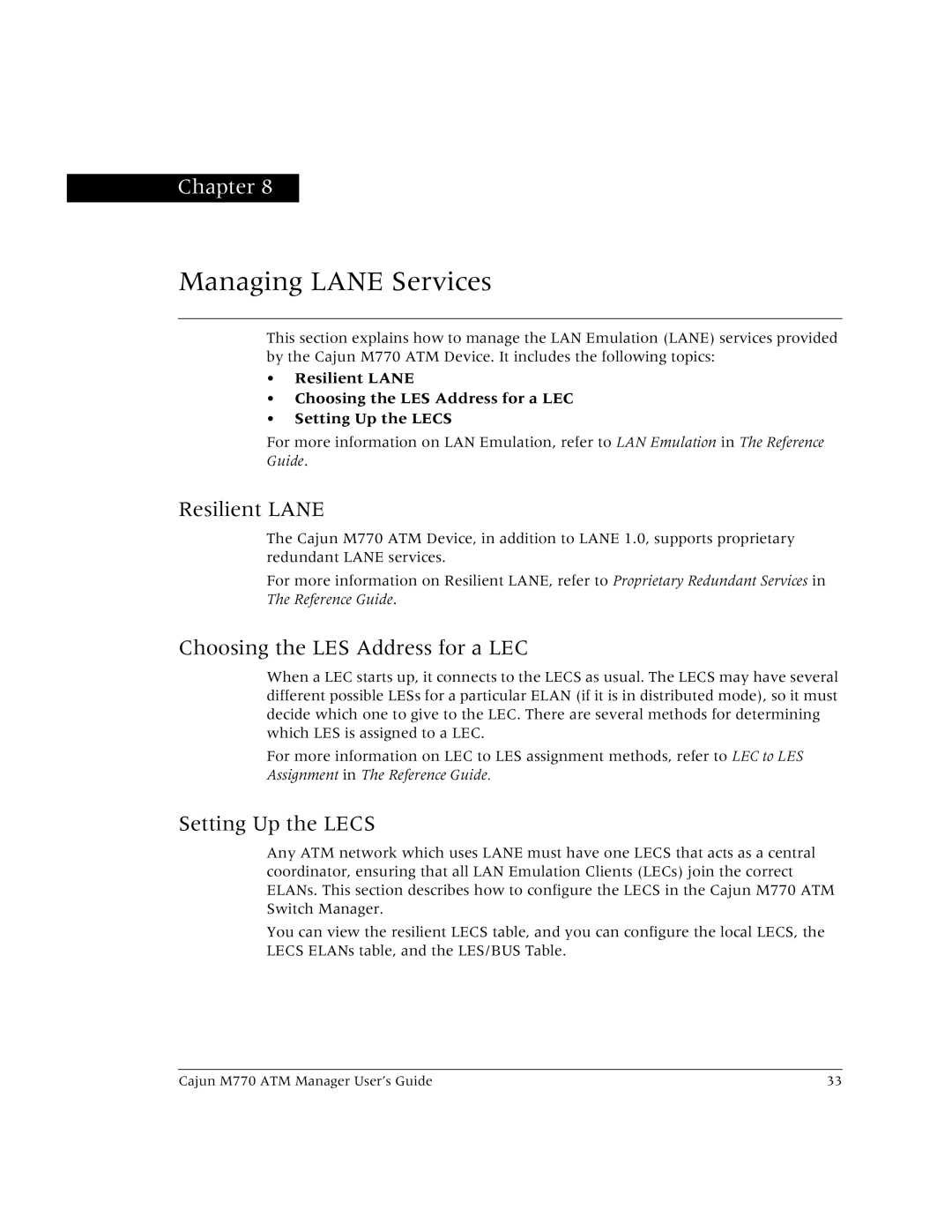 Lucent Technologies M770 Managing Lane Services, Resilient Lane, Choosing the LES Address for a LEC, Setting Up the Lecs 