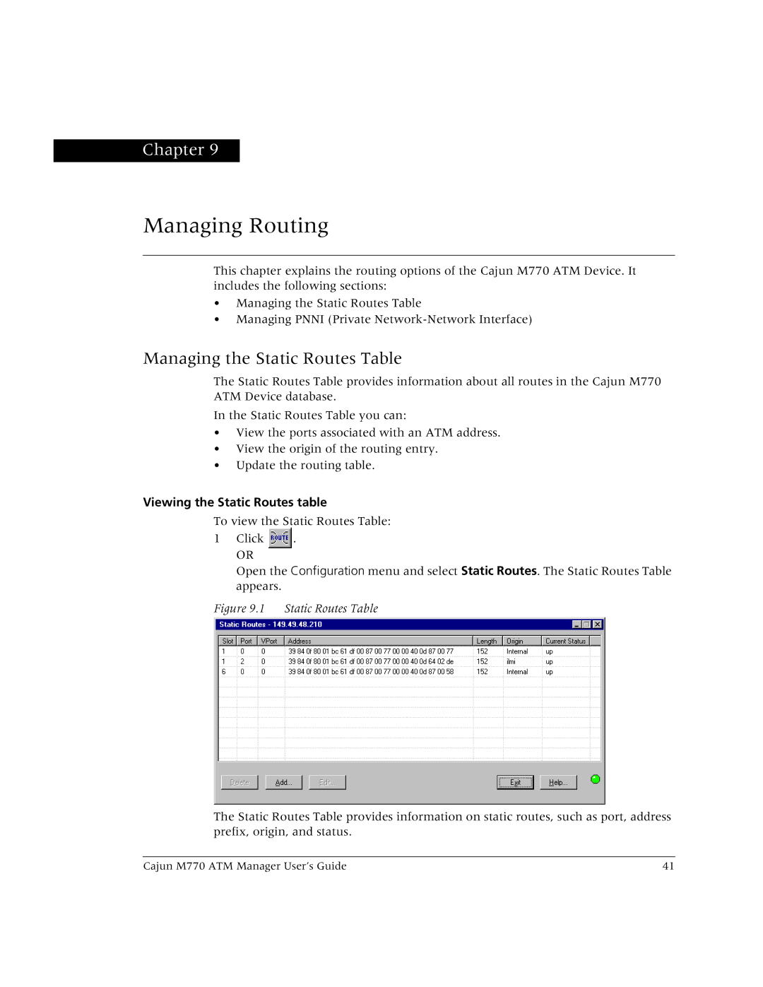 Lucent Technologies M770 manual Managing Routing, Managing the Static Routes Table, Viewing the Static Routes table 