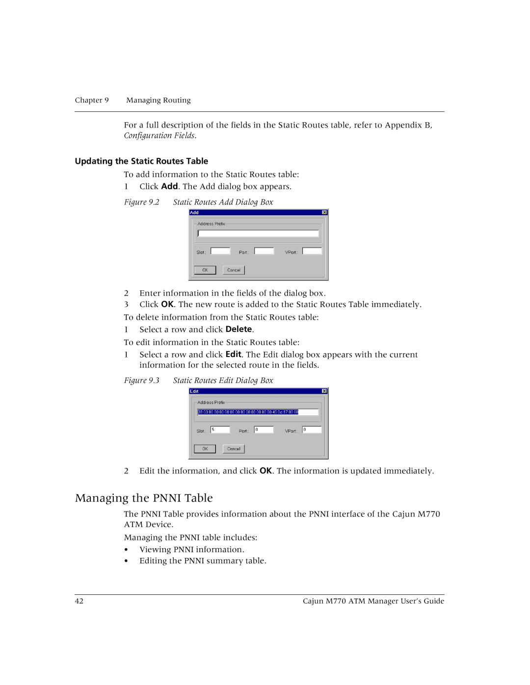 Lucent Technologies M770 manual Managing the Pnni Table, Updating the Static Routes Table 