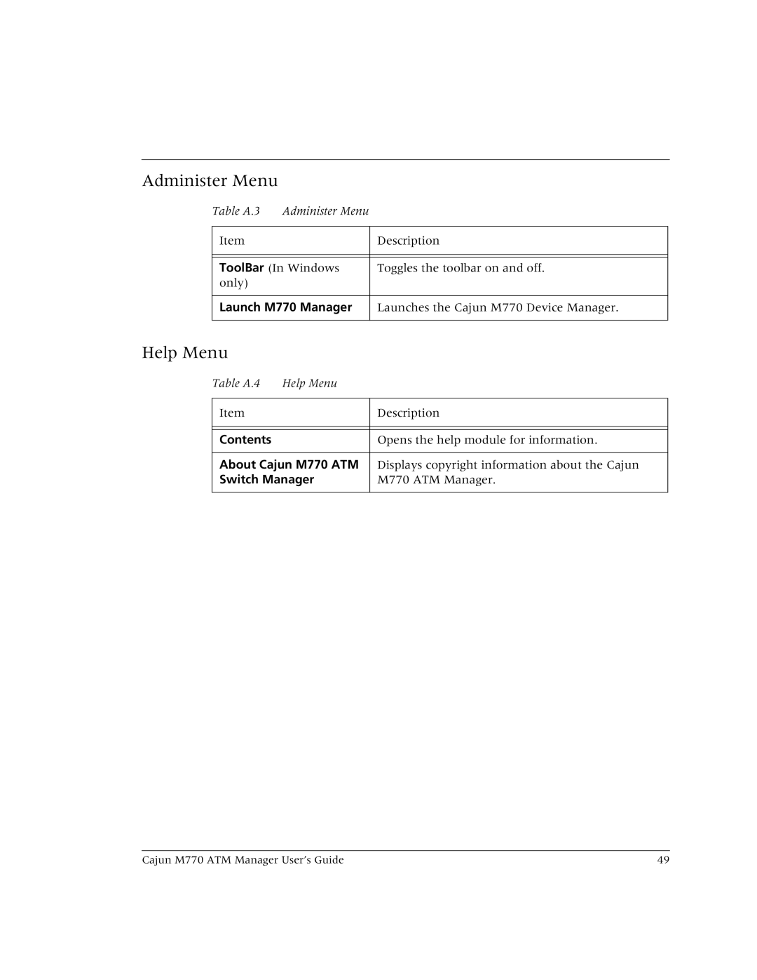 Lucent Technologies manual Administer Menu, Help Menu, Contents, About Cajun M770 ATM, Switch Manager 