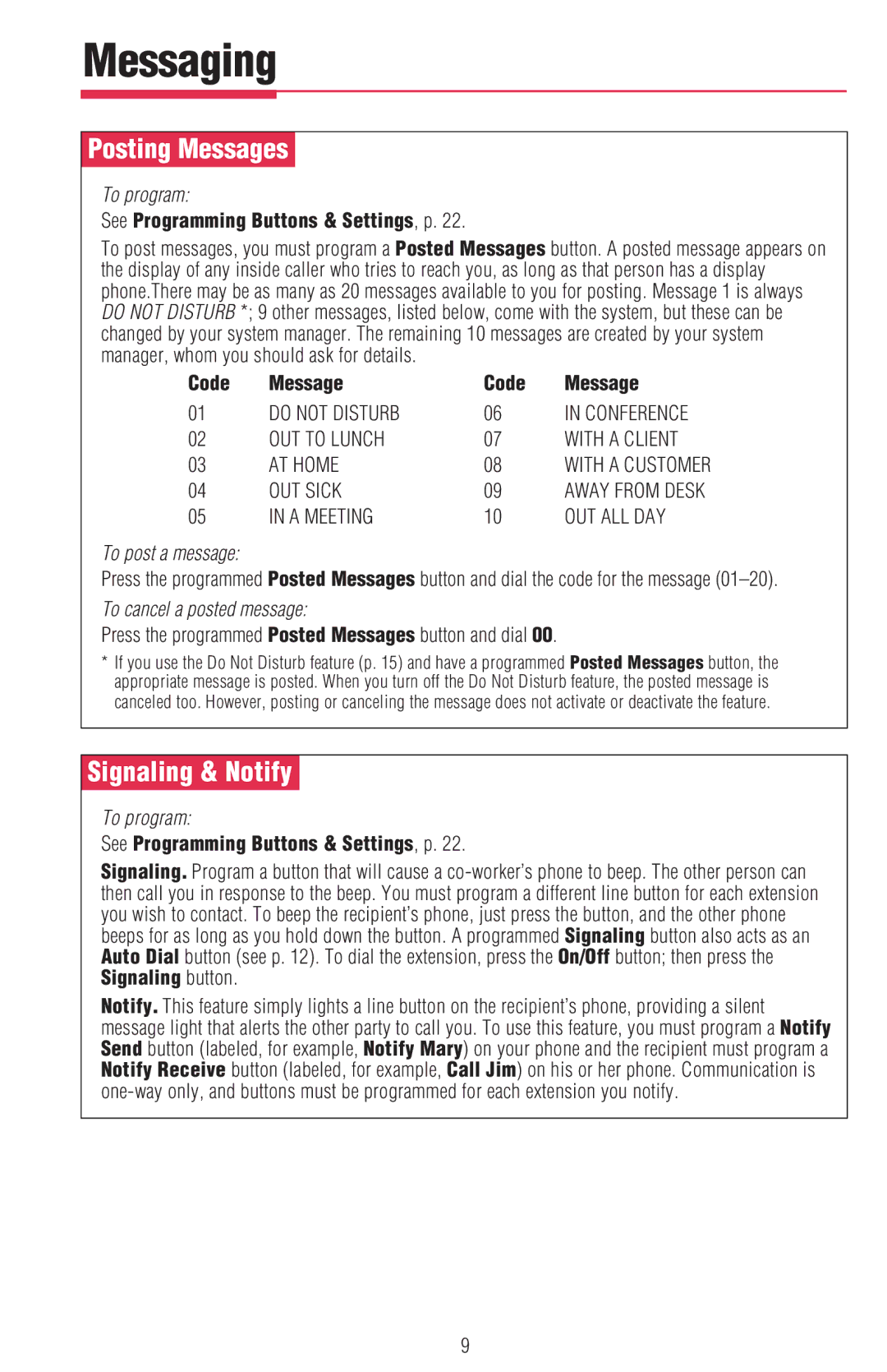 Lucent Technologies MDW 9000/9010 manual ÊPosting MessagesÊ, ÊSignaling & NotifyÊ, See Programming Buttons & Settings, p 