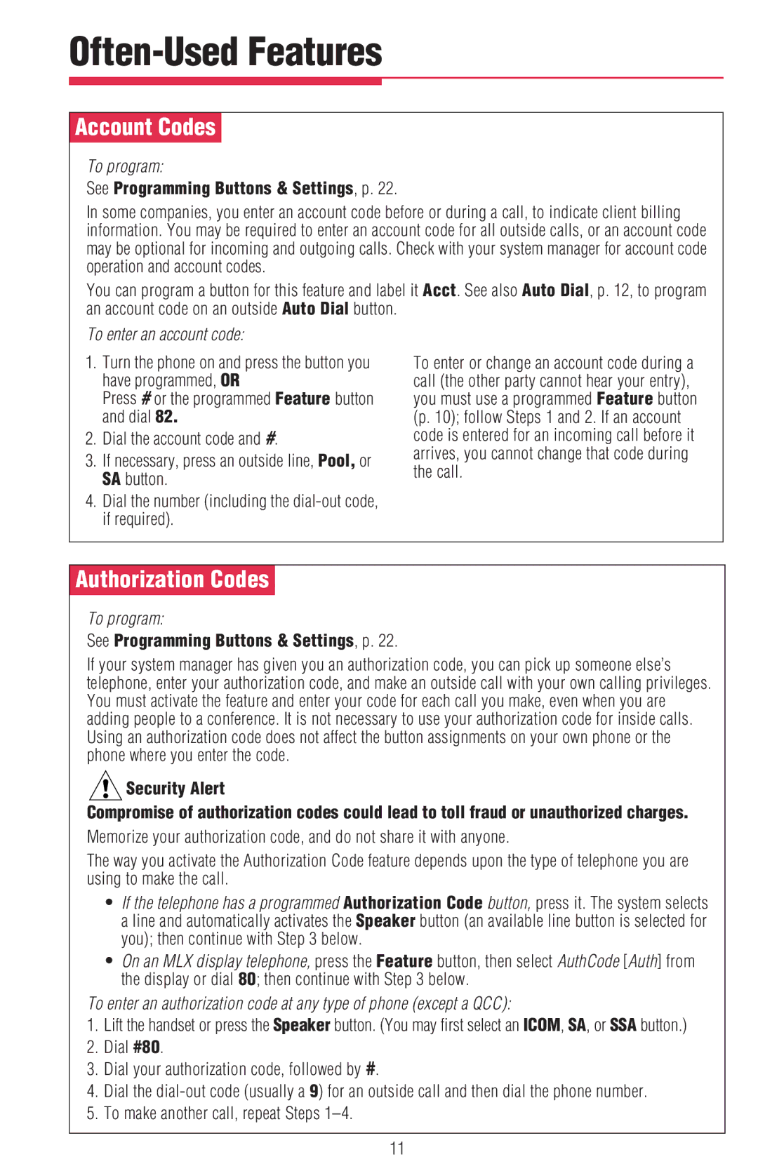 Lucent Technologies MDC 9000 manual Often-Used Features, ÊAccount CodesÊ, ÊAuthorization CodesÊ, To enter an account code 