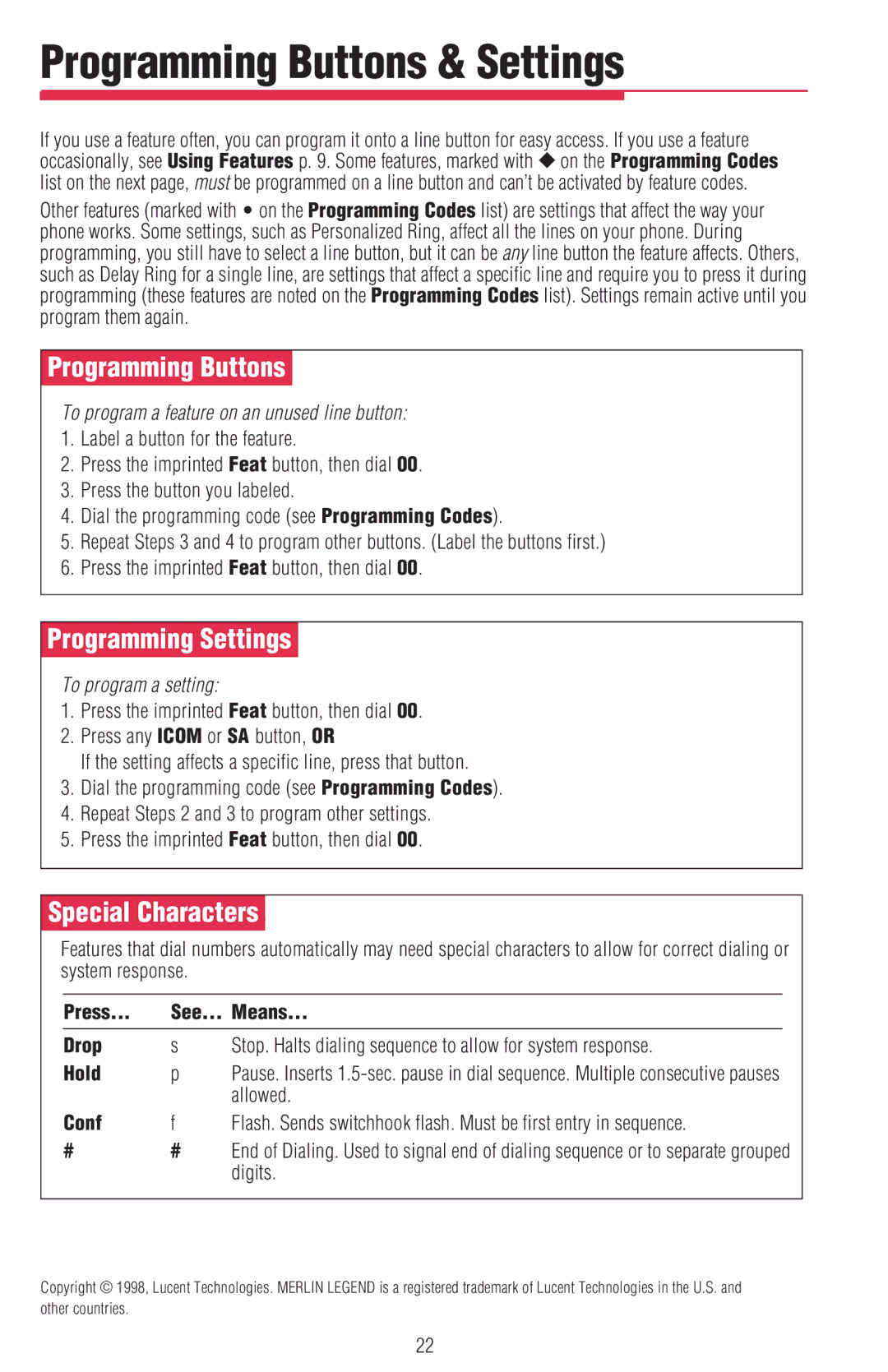 Lucent Technologies MDW 9010, MDC 9000 manual Programming Buttons & Settings, ÊProgramming ButtonsÊ, Programming SettingsÊ 