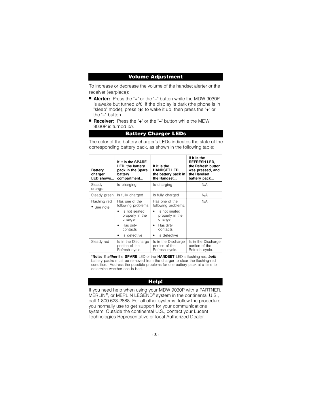 Lucent Technologies MDW 9030P manual Volume Adjustment, Battery Charger LEDs, Help 