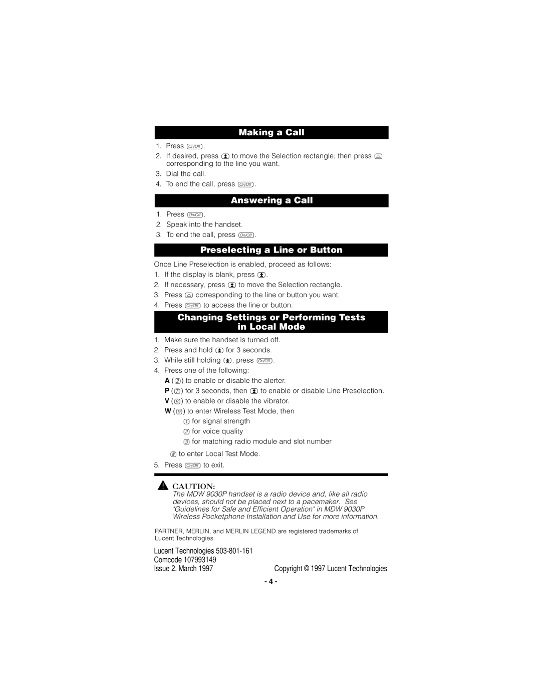 Lucent Technologies MDW 9030P manual Making a Call, Answering a Call, Preselecting a Line or Button 