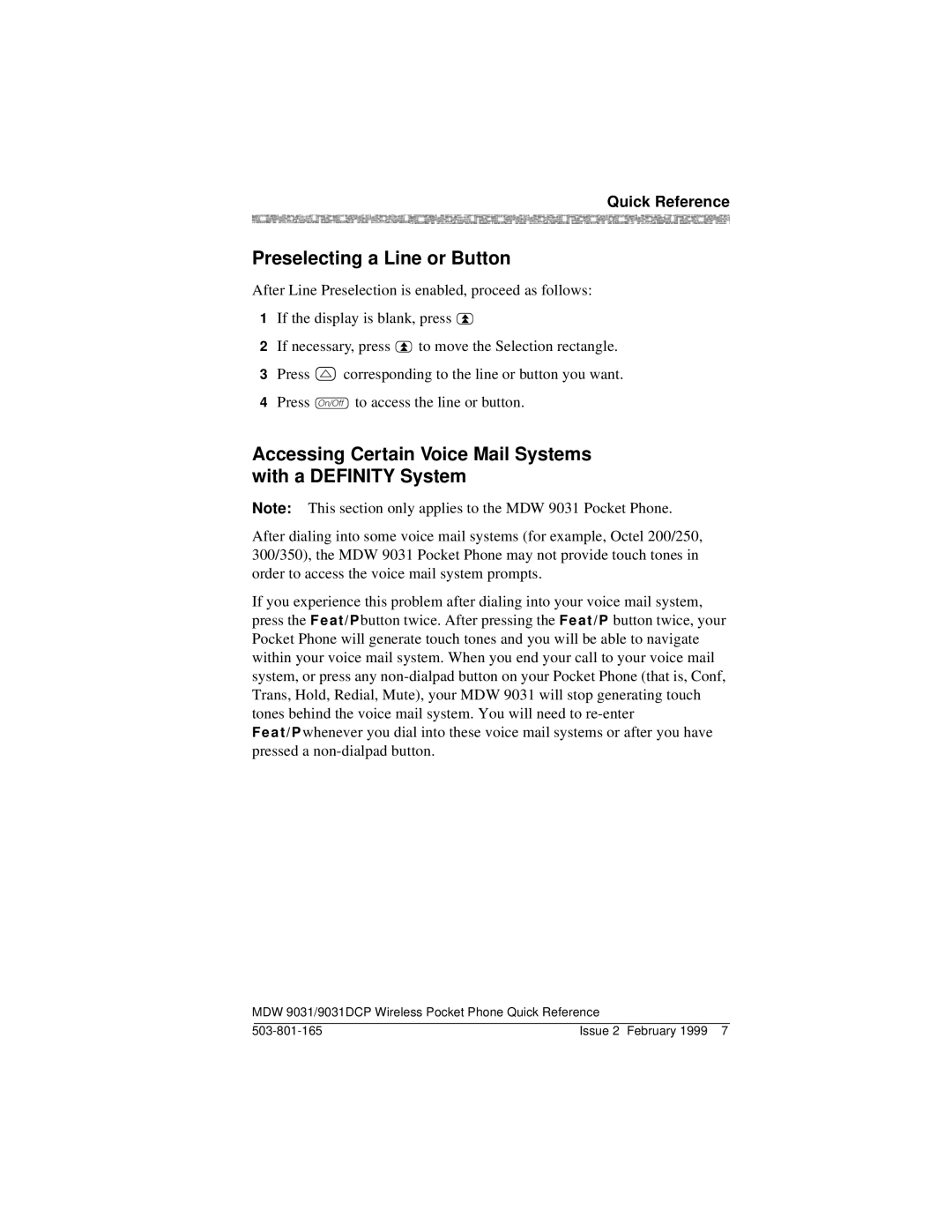 Lucent Technologies MDW 9031DCP Preselecting a Line or Button, Accessing Certain Voice Mail Systems with a Definity System 