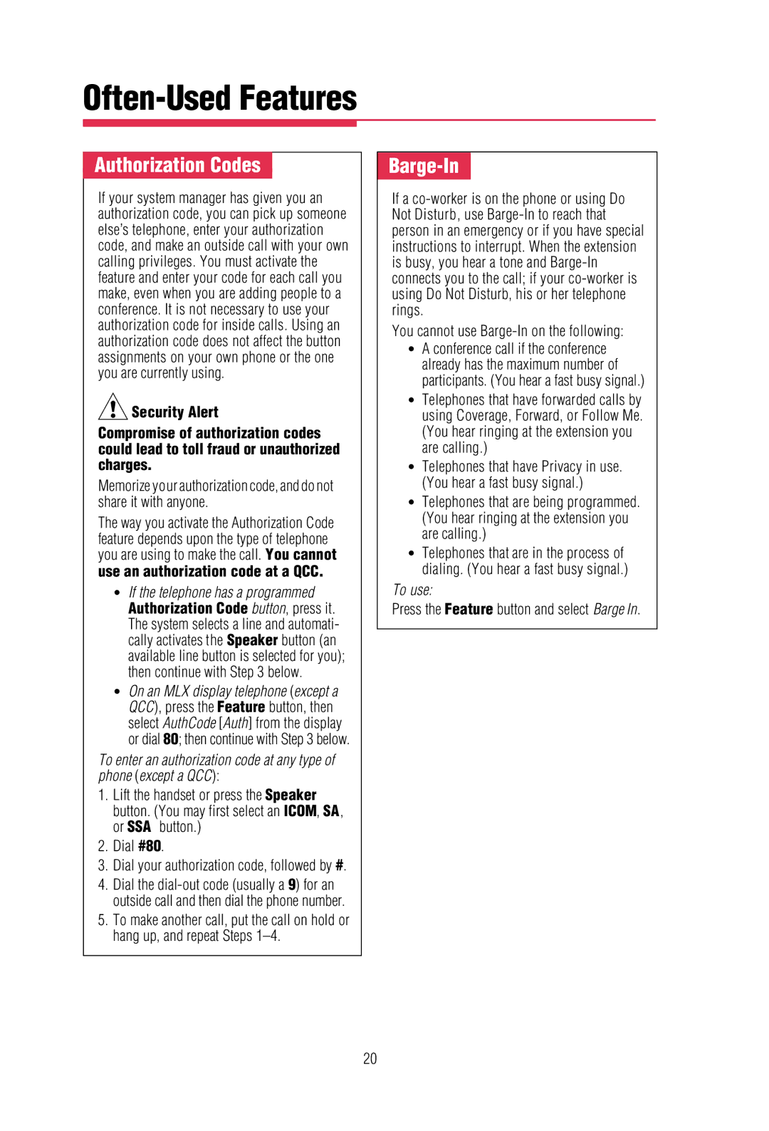 Lucent Technologies merlin legend communications system manual Authorization Codes, Barge-In, To use 