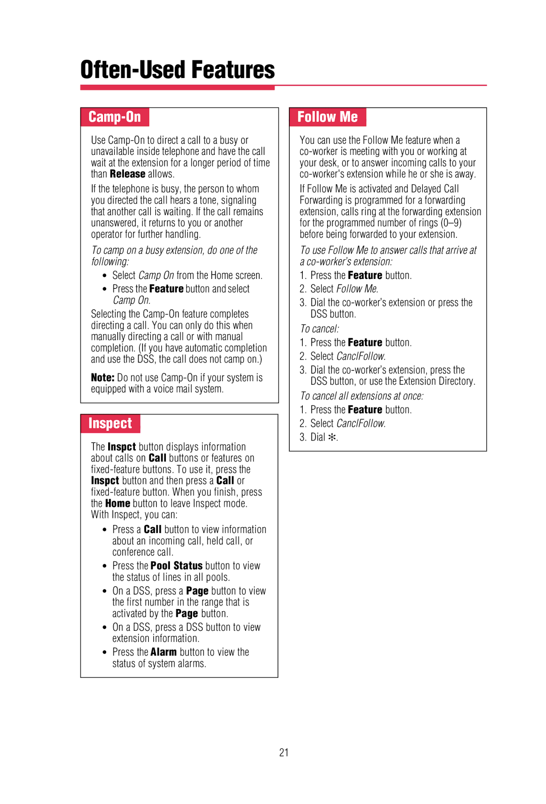 Lucent Technologies merlin legend communications system manual Camp-On, Inspect, Follow Me 