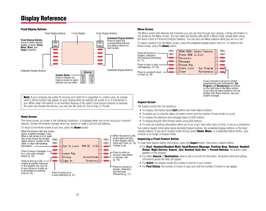 Lucent Technologies merlin legend communications system Display Reference, Fixed Display Buttons Menu Screen, Home Screen 