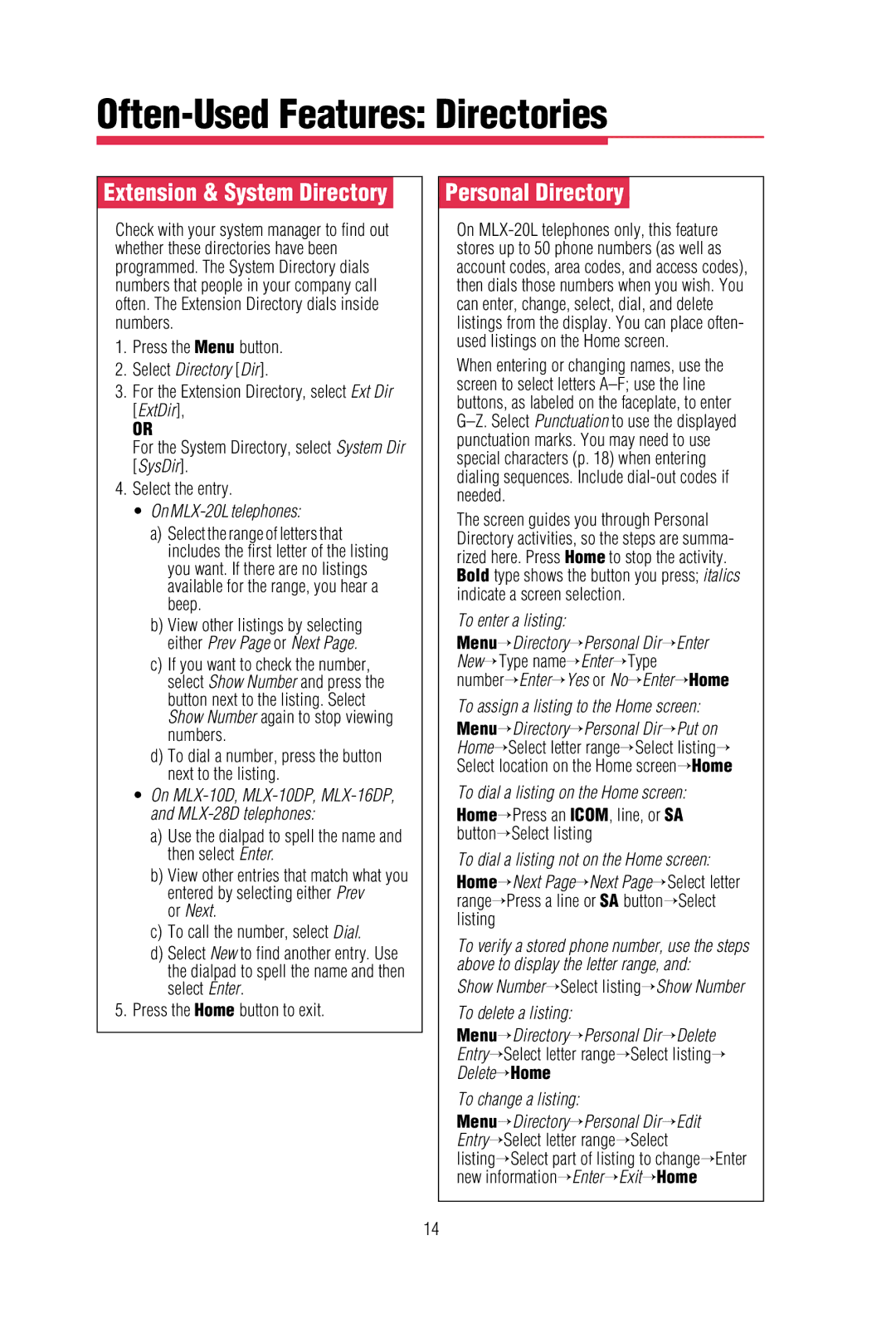 Lucent Technologies MLX-10D, MLX-20L Often-Used Features Directories, Extension & System Directory, Personal Directory 