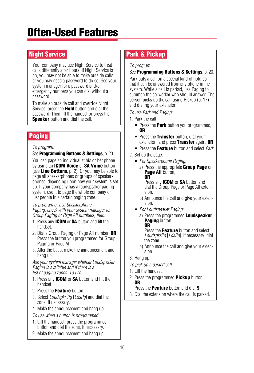 Lucent Technologies mlx-16dp, MLX-20L, MLX-10D, MLA-28D, mlx-10dp manual Night Service, Paging, Park & Pickup 