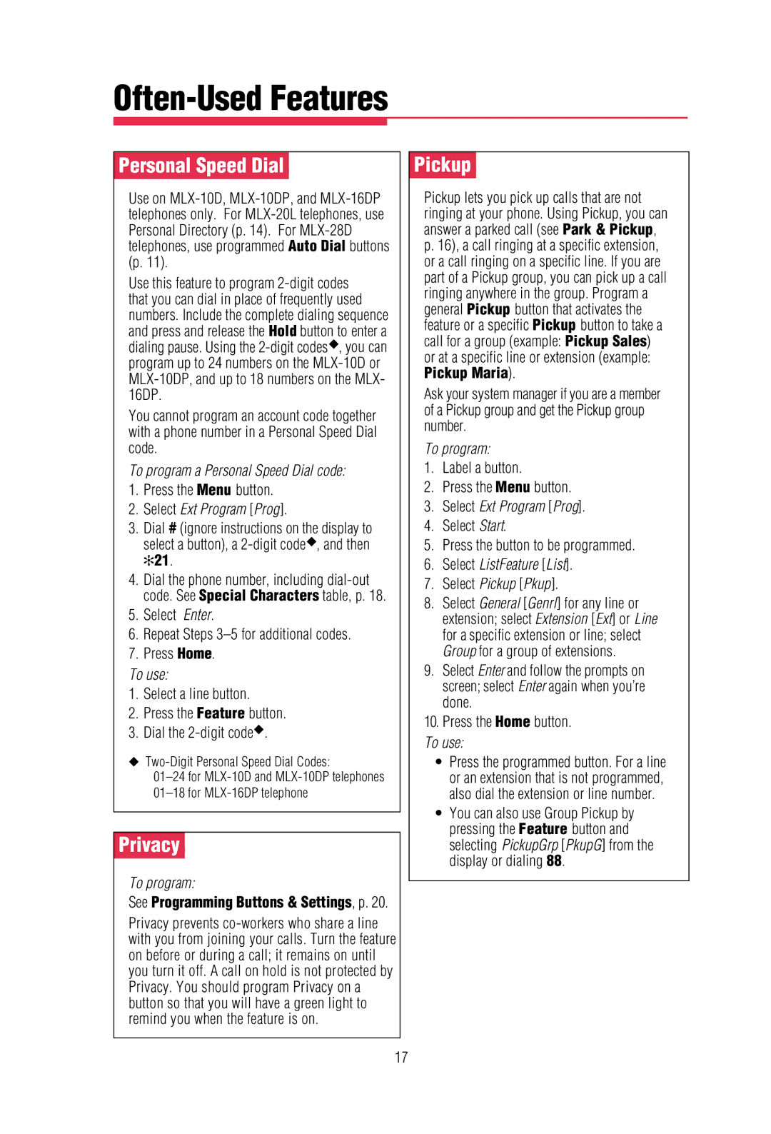 Lucent Technologies mlx-10dp, MLX-20L, MLX-10D, MLA-28D, mlx-16dp manual Personal Speed Dial, Privacy, Pickup 