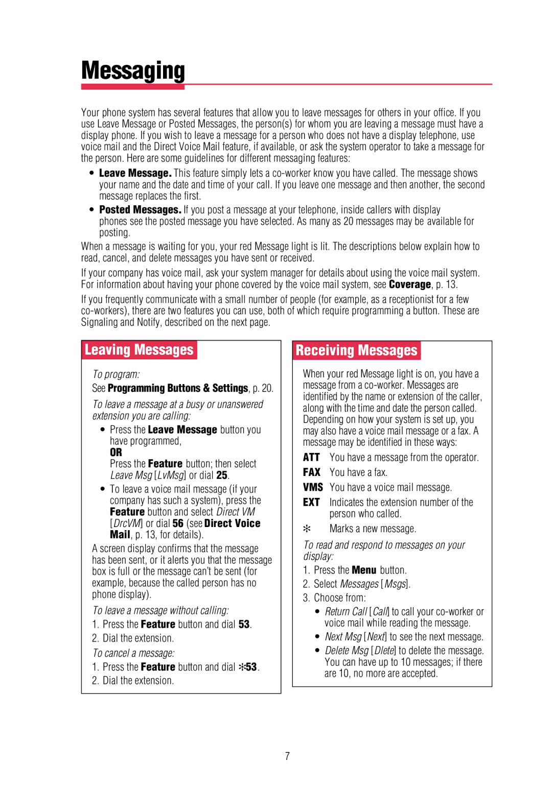 Lucent Technologies mlx-10dp, MLX-20L, MLX-10D, MLA-28D, mlx-16dp manual Messaging, Leaving Messages, Receiving Messages 