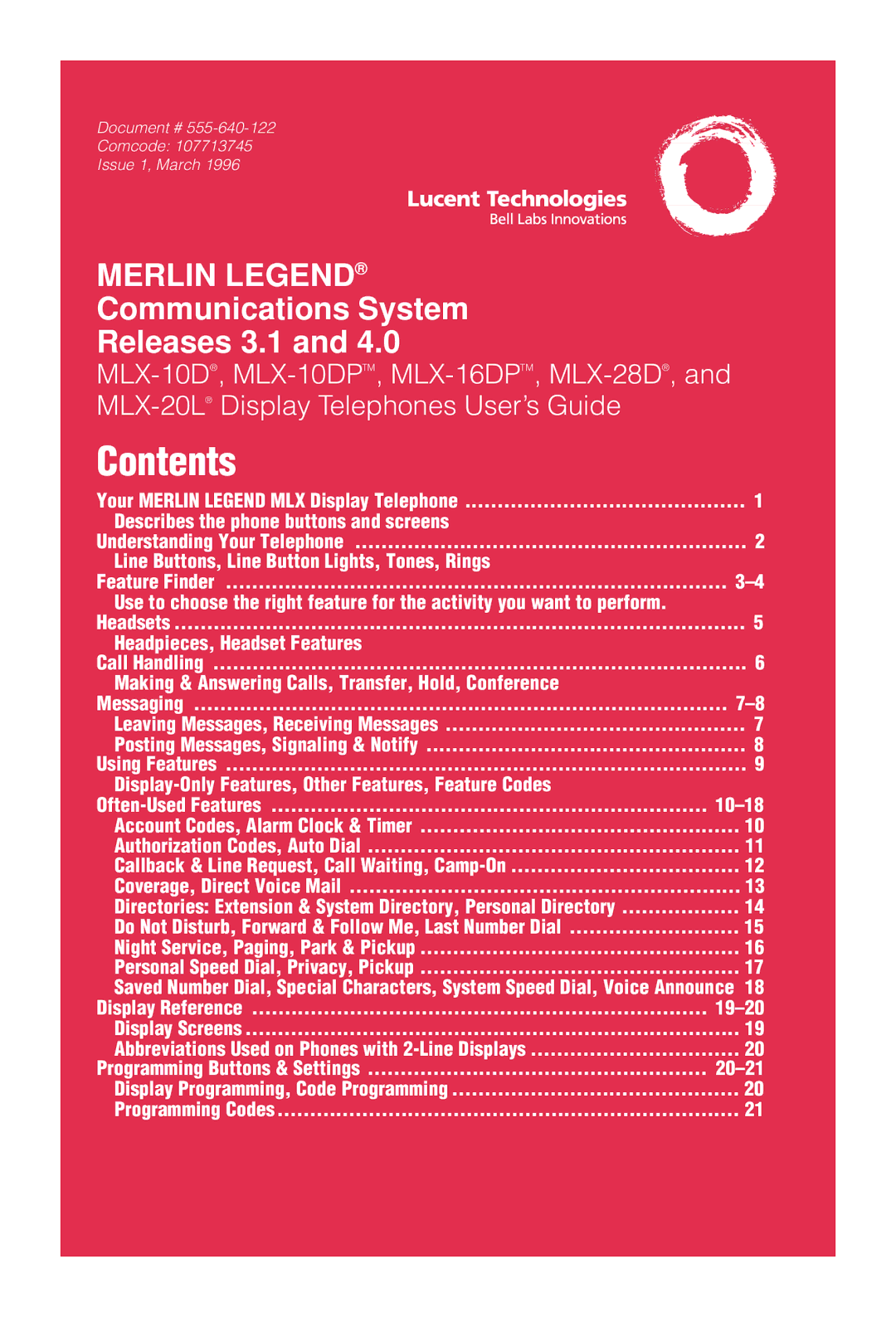 Lucent Technologies MLX-28D, MLX-20L, MLX-10DPTM, MLX-16DPTM manual Contents 