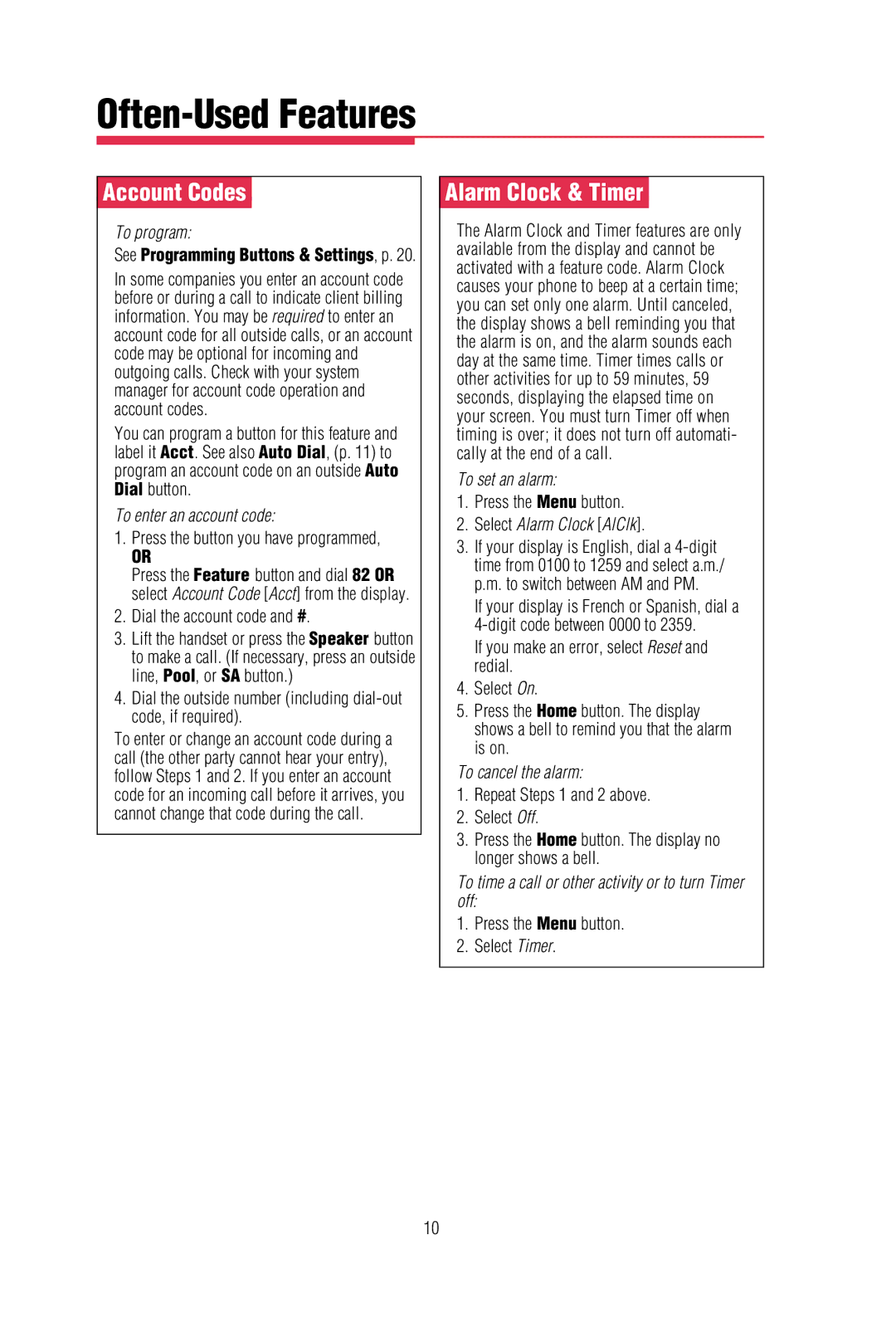 Lucent Technologies MLX-10DPTM, MLX-20L, MLX-28D, MLX-16DPTM manual Often-Used Features, Account Codes, Alarm Clock & Timer 