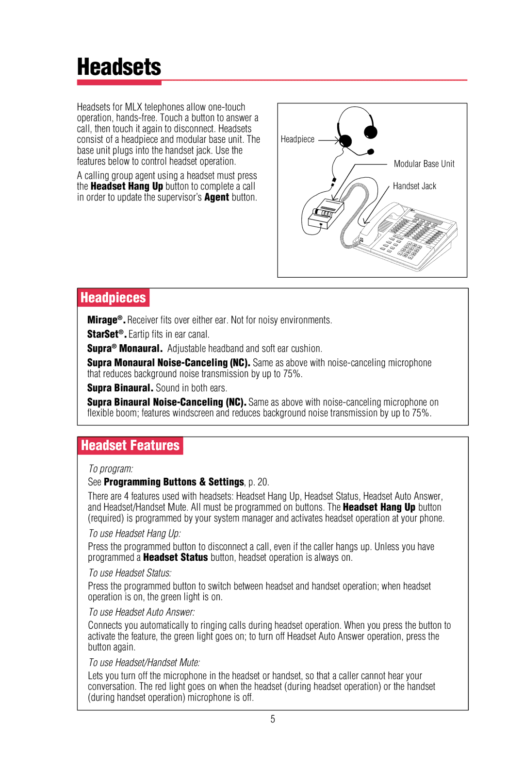 Lucent Technologies MLX-10DPTM, MLX-20L manual Headsets, Headpieces, Headset Features, See Programming Buttons & Settings, p 