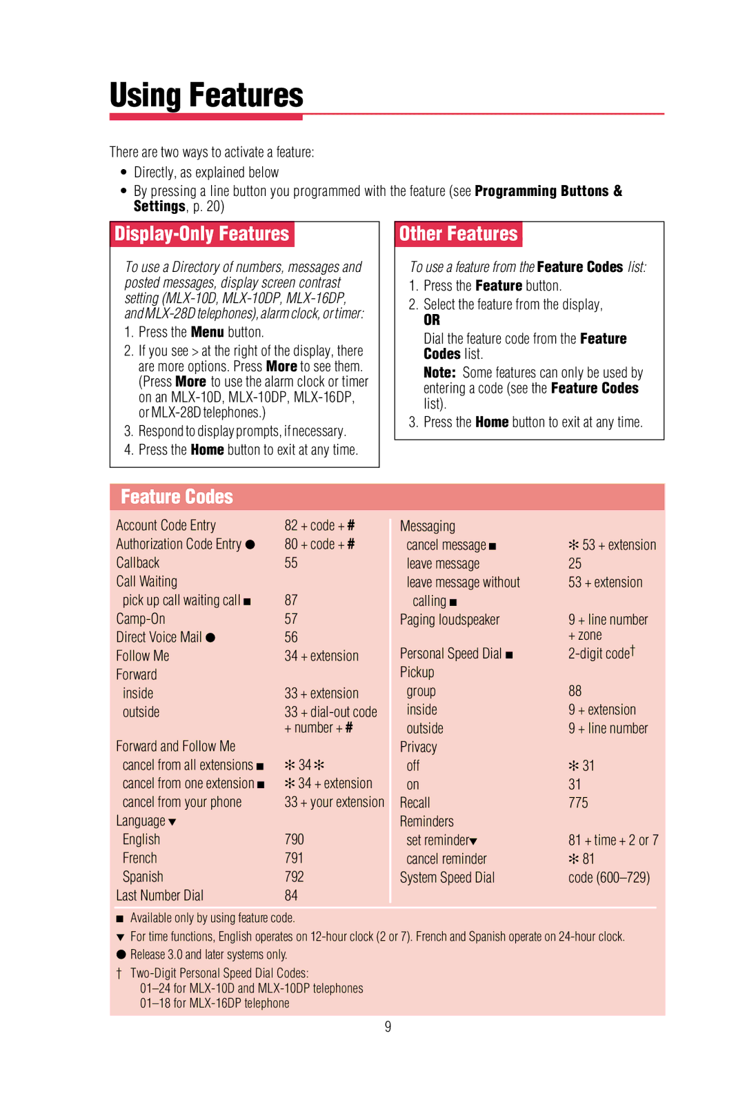 Lucent Technologies MLX-28D, MLX-20L, MLX-10DPTM manual Using Features, Display-Only Features, Other Features, Feature Codes 