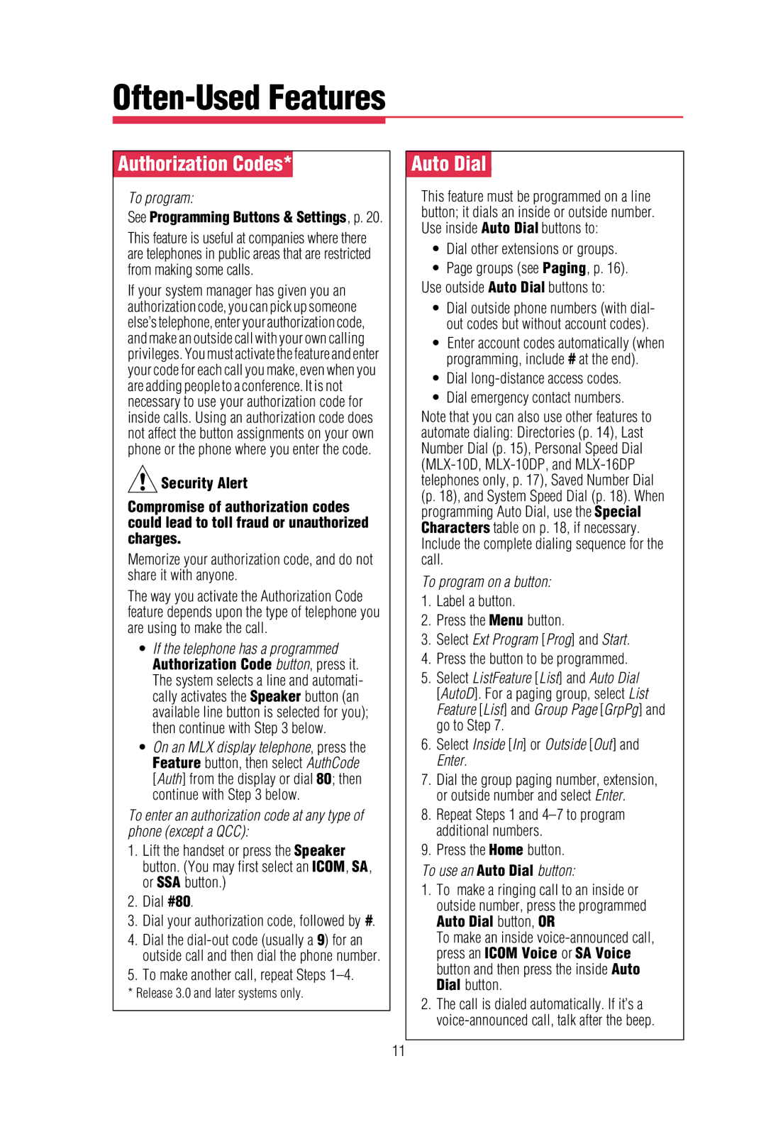 Lucent Technologies MLX-20L, MLX-28D, MLX-10DPTM, MLX-16DPTM manual Authorization Codes, Auto Dial 